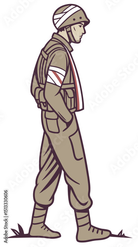 soldier with arm sling and head bandage, vector tribute style on white background
