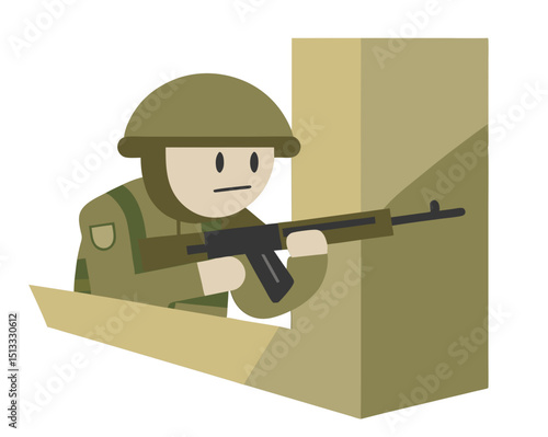 vector of soldier taking cover behind building corner, rifle ready, isolated on white

