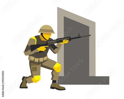 vector of soldier taking cover behind building corner, rifle ready, isolated on white
