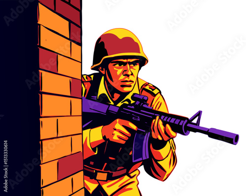 vector of soldier taking cover behind building corner, rifle ready, isolated on white
