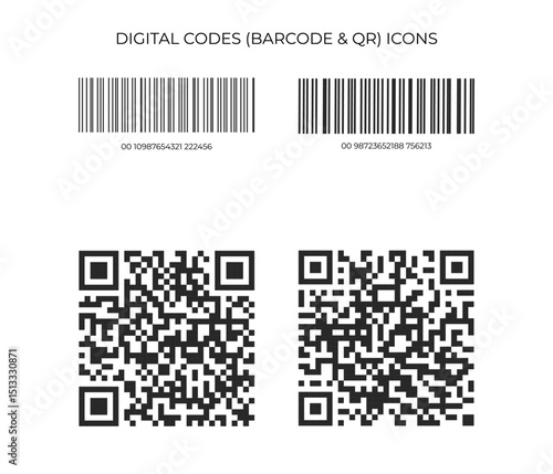 This icon displays two traditional barcodes with numbers and two QR codes below them, symbolizing various digital and physical code formats.