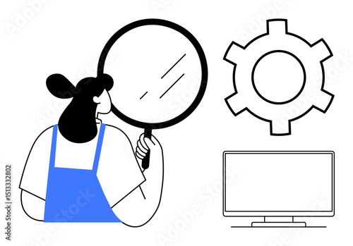 Woman holding magnifying glass inspects area near cogwheel and computer monitor. Ideal for research, analysis, technology, innovation, problem-solving, education, simple landing page