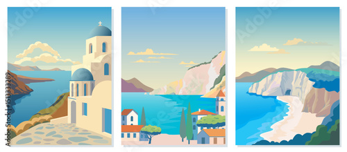 Landscapes of Greece, set of cards with vector illustrations of cities, mountains, beaches and coastal landscapes. Banner with Greek landscape, postcard, cover. Travel, tourism. Mediterranean nature.