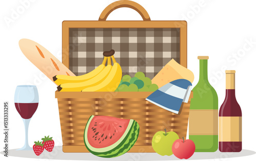 Picnic basket with grapes, strawberries, apple, banana, watermelon, baguette, cheese, wine, glass. Basket with different food for romantic lunch in nature. Vector illustration of picnic basket.