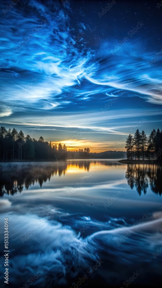 Fototapeta premium ethereal Noctilucent clouds over a serene forest lake at midnight in Latvia's summer