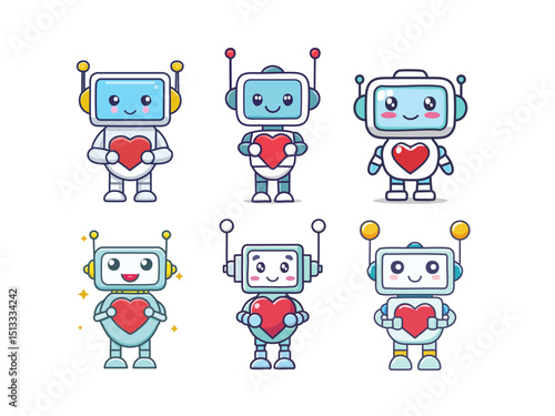 Cute Cartoon Robot Holding Heart Vector Set for Valentine, Love, or Technology-Themed Designs – Adorable AI Robot Character with Heart Symbol in Hand