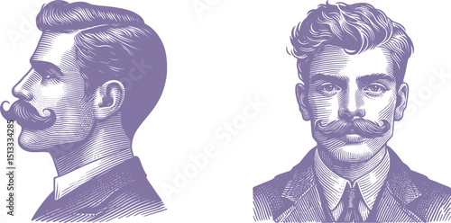 Woodcut Style Illustration of a Purple-Toned Man with Mustache – Engraving Inspired Portrait Design in Retro Aesthetic for Art, Print,  Graphic Projects