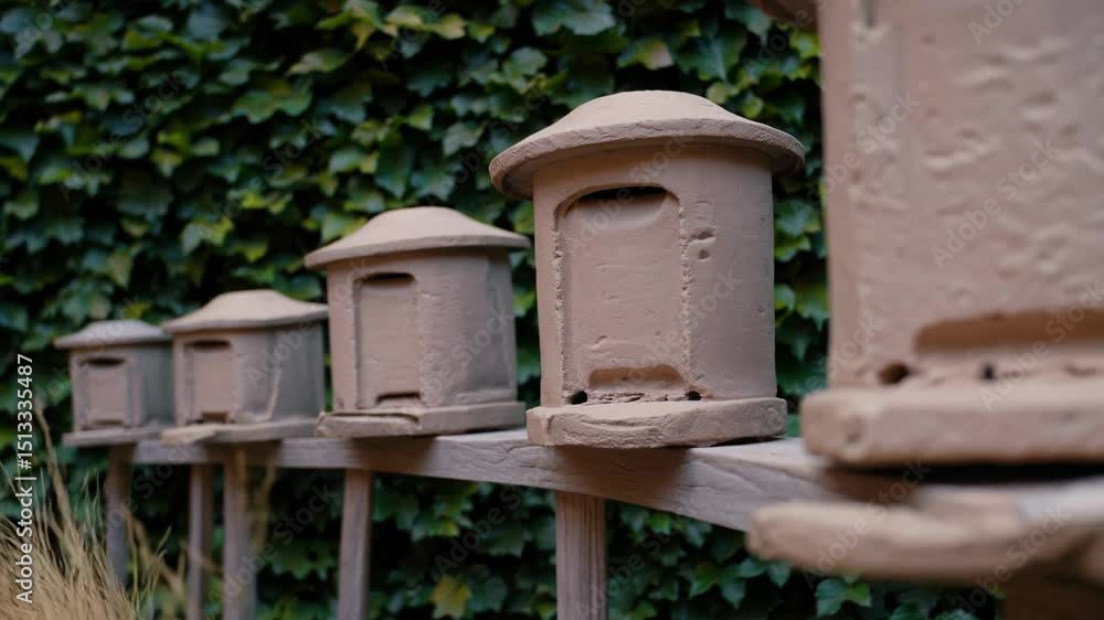 Beehives standing on stilts in overgrown dry grass against lush ivy-covered wall
Beehives standing on stilts in overgrown dry grass against lush ivy-covered wall