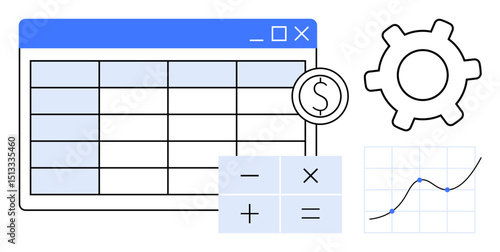 Spreadsheet interface, dollar sign, calculator buttons, gear, and performance graph. Ideal for finance, data analysis, operations budgeting business metrics statistics and planning. Flat simple