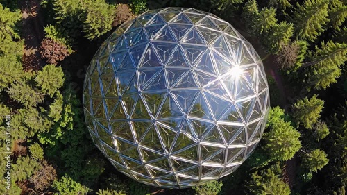 Geodesic glass sphere in forest surrounded by trees with sunlight reflecting off the surface

