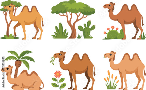Cartoon Camels in Desert Landscapes: Dromedary and Bactrian Varieties with Trees, Cacti, and Flowers.