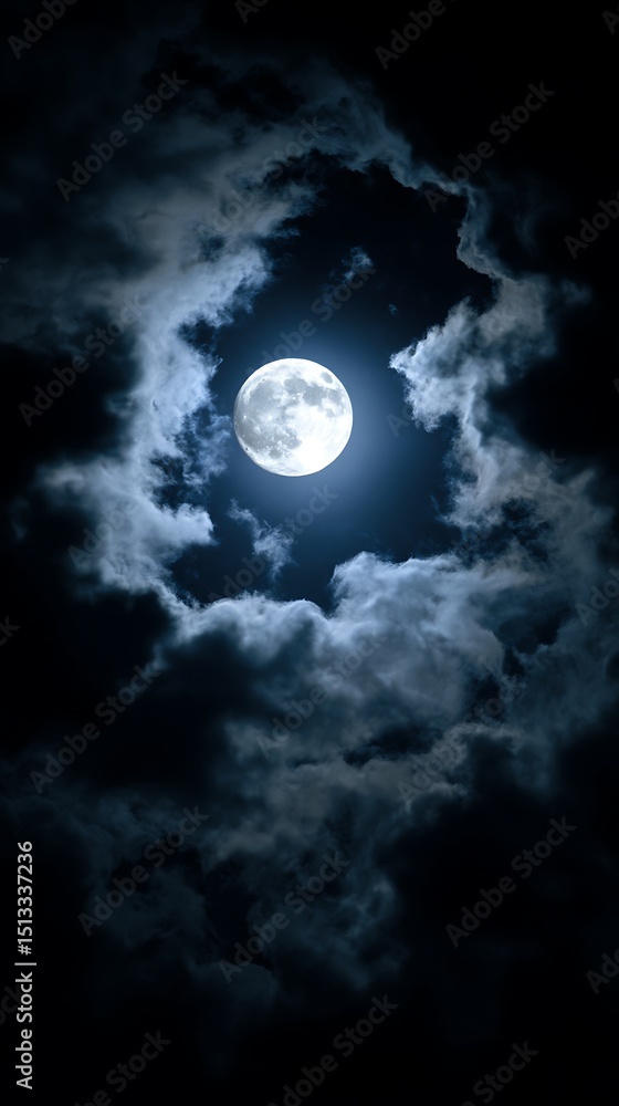 Fototapeta premium Full Moon Shining Through Dark Clouds at Night. A dramatic image of a bright full moon partially obscured by heavy, dark clouds.