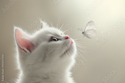 Wallpaper Mural Curious white cat gazes at butterfly in soft focus. Artificial Intelligence image Torontodigital.ca