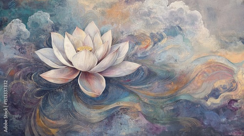 White lotus flower with soft petals against an abstract dreamy background.