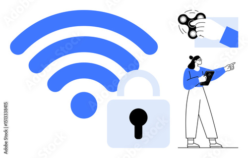 Blue wireless signal and lock promote network security, a woman using a tablet, and a hand holding a spinner. Ideal for internet safety, technology, communication, smart devices, remote work