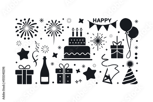 Festive Birthday Icons Set on White Background