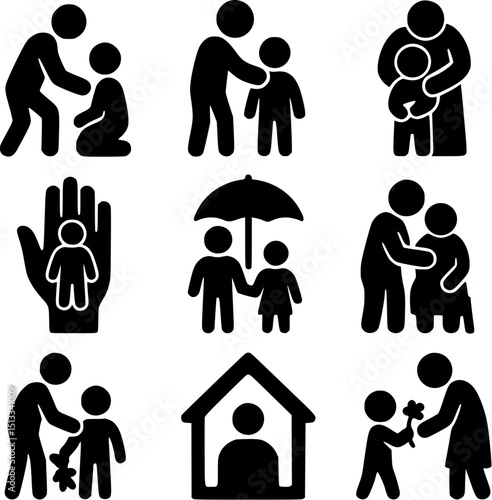 Child Protection and Family Care Icons - Silhouette Vector Set