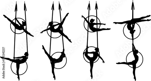 Aerial female gymnast silhouette in hoop. Aerial gymnastics stunt. Vector illustration isolated on white background