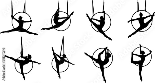 Aerial female gymnast silhouette in hoop. Aerial gymnastics stunt. Vector illustration isolated on white background