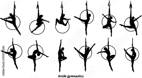 Aerial female gymnast silhouette in hoop. Aerial gymnastics stunt. Vector illustration isolated on white background