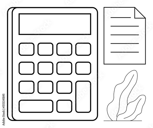 Calculator with numeric buttons, document with lines, and abstract plant. Ideal for accounting, finance, budgeting, education, office, productivity simple landing page