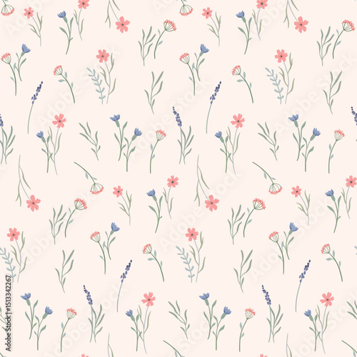 Seamless floral pattern, liberty ditsy print with hand drawn wildflowers in delicate pastel colors. Romantic botanical design of small flowers, tiny leaves in abstract arrangement. Vector illustration
