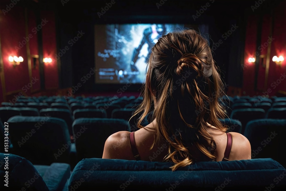 Naklejka premium Back view portrait of a woman watching a movie in the theater with copy space