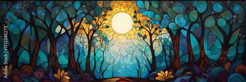 Stylized forest scene with a bright sun or moon shining through the trees.