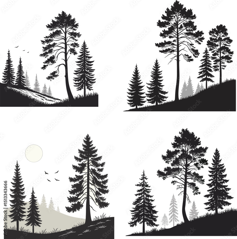 Fototapeta premium Pine Tree Forest Silhouette Vector set Landscape Clipart Set