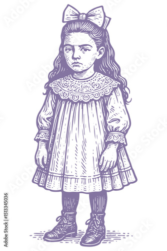 Vintage engraving vector of a serious young girl in a frilly dress, boots & hair bow. Retro storybook character. Classic child portrait. Monochrome.