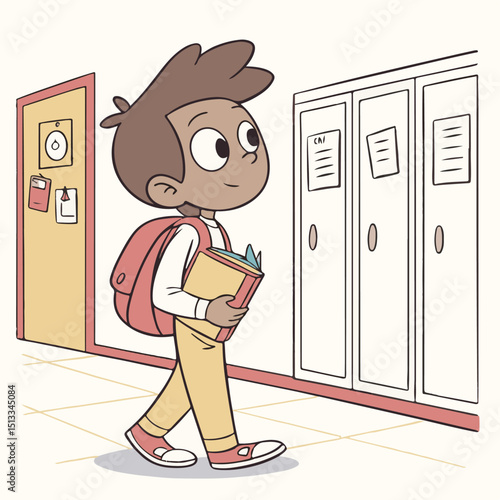 Illustration of a male student waiting in a corridor reflecting emotions and daily moments of academic life