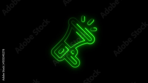 Animated green neon megaphone icon on black background announcing marketing concept visualization of communication