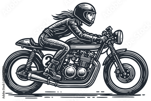 Vintage engraving vector of a cool woman biker in helmet & leather jacket riding a classic cafe racer motorcycle. Retro, monochrome, detailed. Freedom.