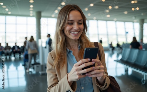 Happy traveler using mobile phone while waiting for her flight at airport. High quality