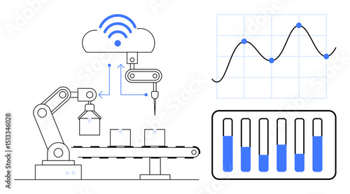Robotic arm assembling products on conveyor connecting to cloud. Graphs and analytics represent optimization, progress. Ideal for AI, automation, technology, smart industry, innovation, data