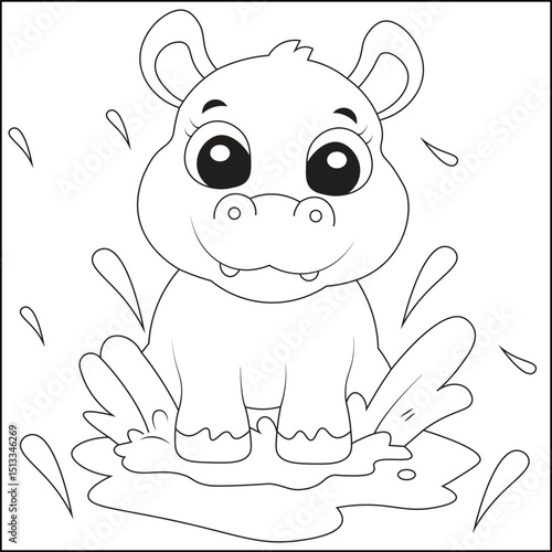 Cute Cartoon Hippo Splashing in Water Line Art Coloring Page for Kids
