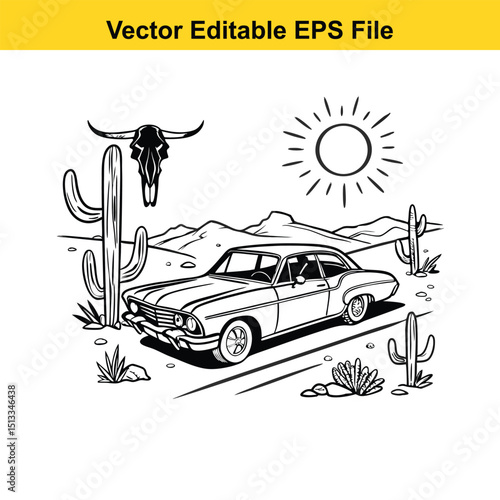 Vintage Western Car with Cacti & Bull Skull - Desert Sunset Retro Illustration