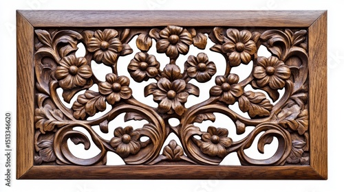 Intricate wooden carving featuring beautiful flowers. The stunning detail showcases artistry and craftsmanship. Perfect for home decor or artistic inspiration. Generative AI