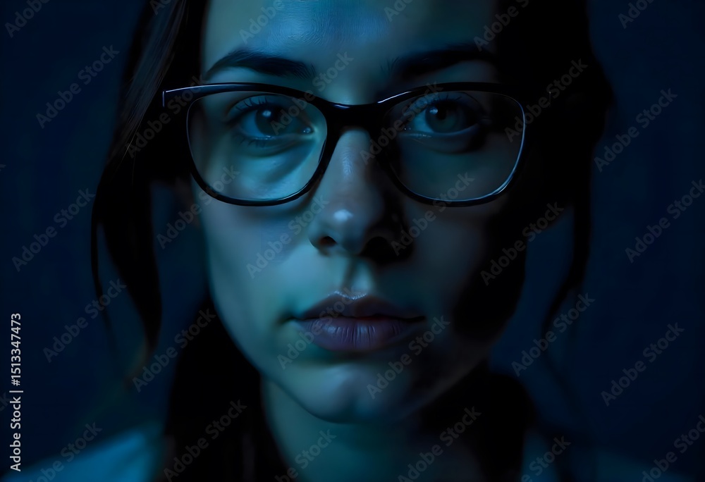 Woman with Glasses in Dim Light Looking Reflective and Thoughtful
Woman with Glasses in Dim Light Looking Reflective and Thoughtful