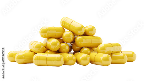 Pile of yellow capsules isolated on transparent background