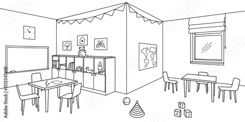 Preschool classroom graphic black white interior sketch illustration vector 