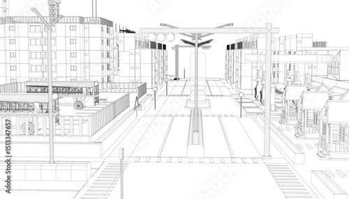 A quiet city street with a few pedestrians walking around. The street is lined with buildings, and there are a few benches and chairs scattered throughout the area