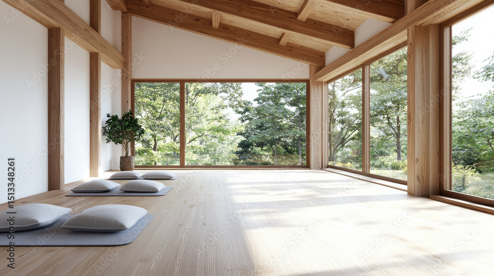 Fototapeta premium Serene and spacious interior featuring wooden beams, large windows, and soft cushions on wooden floor, creating peaceful atmosphere
