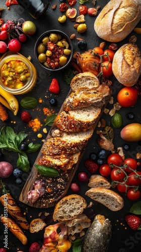 Healthy Seasonal Spread: Fresh Ingredients and Bakery Favorites on Platter