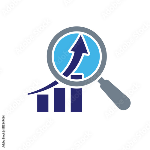 Technology icons. Predictive Analytics. Upward graph with magnifying glass. Depicts automation, future, artificial intelligence. Flat design style