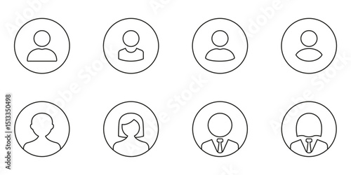 User Profile Avatar Line Icon Set. Basic People Account Avatars, Rounded User Interface Portraits, Male and Female Faces Outline Symbol Collection. Editable Stroke. Isolated Vector Illustration