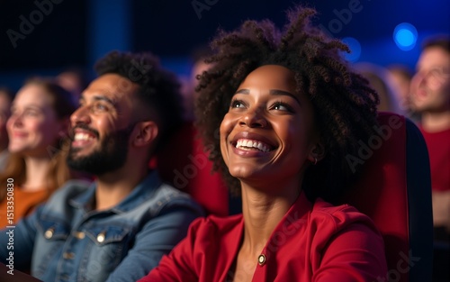 Happy black woman watching comedy movie with friends in cinema. High quality