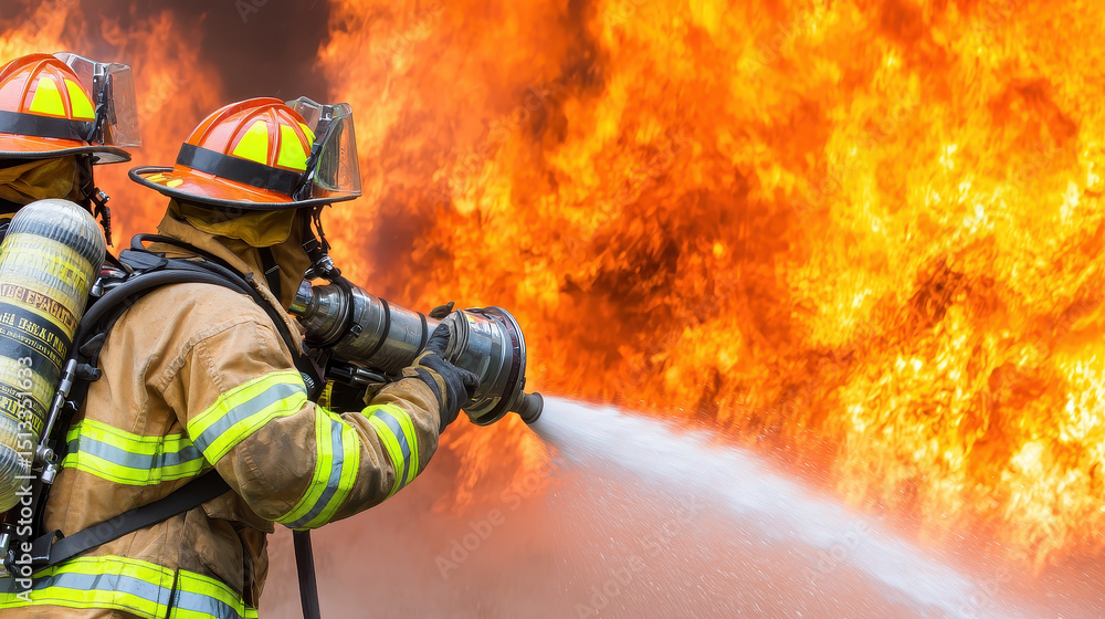 Firefighters battling flames with hoses, showcasing bravery and teamwork in critical situation Firefighters battling flames with hoses, showcasing bravery and teamwork in critical situation