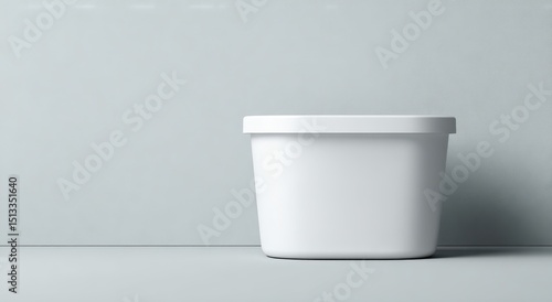 A plain white rectangular plastic tub sits on a light grey surface against a matching wall