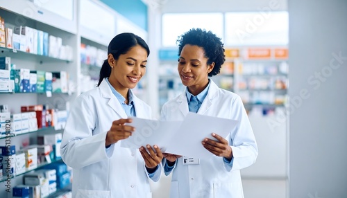 Two pharmacists reviewing documents in a pharmacy